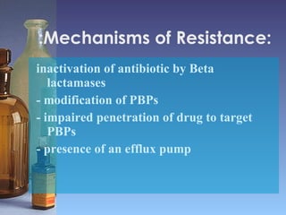 :Mechanisms of Resistance: inactivation of antibiotic by Beta lactamases - modification of PBPs - impaired penetration of drug to target PBPs - presence of an efflux pump 