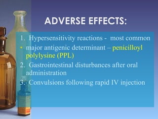ADVERSE EFFECTS: 1.  Hypersensitivity reactions -  most common major antigenic determinant –  penicilloyl polylysine (PPL) 2.  Gastrointestinal disturbances after oral administration 3.  Convulsions following rapid IV injection 