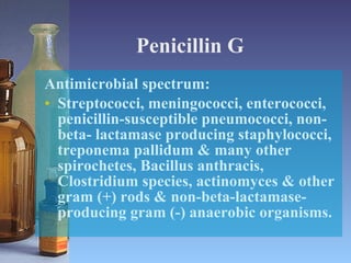Penicillin G Antimicrobial spectrum: Streptococci, meningococci, enterococci, penicillin-susceptible pneumococci, non-beta- lactamase producing staphylococci, treponema pallidum & many other spirochetes, Bacillus anthracis, Clostridium species, actinomyces & other gram (+) rods & non-beta-lactamase-producing gram (-) anaerobic organisms. 