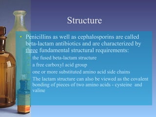 Structure Penicillins as well as cephalosporins are called beta-lactam antibiotics and are characterized by  three  fundamental structural requirements:  the fused beta-lactam structure  a free carboxyl acid group  one or more substituted amino acid side chains  The lactam structure can also be viewed as the covalent bonding of pieces of two amino acids - cysteine  and valine  
