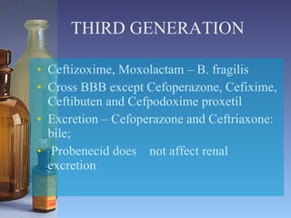 THIRD GENERATION Ceftizoxime, Moxolactam – B. fragilis Cross BBB except Cefoperazone, Cefixime, Ceftibuten and Cefpodoxime proxetil Excretion – Cefoperazone and Ceftriaxone: bile;  Probenecid does  not affect renal excretion 