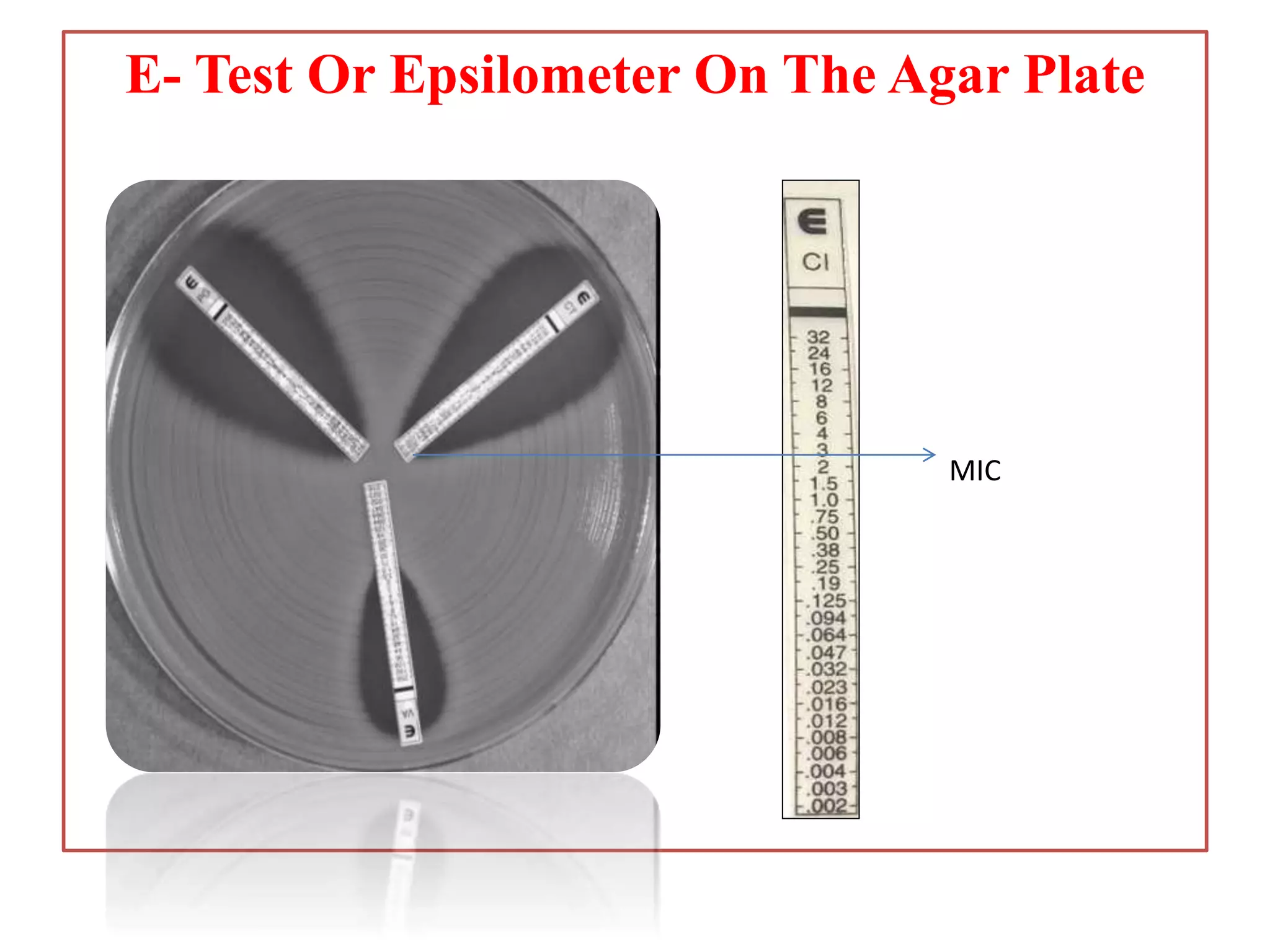 E- Test Or Epsilometer On The Agar Plate
MIC
 