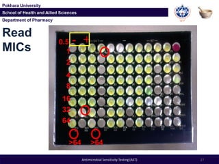 Department of Pharmacy
Pokhara University
School of Health and Allied Sciences
Department of Pharmacy
Pokhara University
School of Health and Allied Sciences
- +
64
32
16
8
4
2
1
>64
0.5
>64
Read
MICs
27Antimicrobial Sensitivity Testing (AST)
 