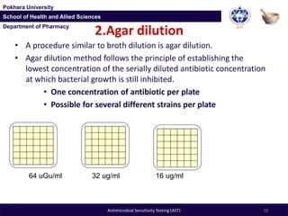 Department of Pharmacy
Pokhara University
School of Health and Allied Sciences
Department of Pharmacy
Pokhara University
School of Health and Allied Sciences
2.Agar dilution
• A procedure similar to broth dilution is agar dilution.
• Agar dilution method follows the principle of establishing the
lowest concentration of the serially diluted antibiotic concentration
at which bacterial growth is still inhibited.
• One concentration of antibiotic per plate
• Possible for several different strains per plate
28Antimicrobial Sensitivity Testing (AST)
64 uGu/ml 32 ug/ml 16 ug/ml
 