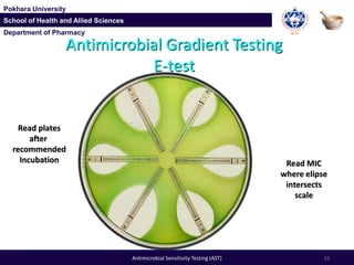 Department of Pharmacy
Pokhara University
School of Health and Allied Sciences
Department of Pharmacy
Pokhara University
School of Health and Allied Sciences
Antimicrobial Gradient Testing
E-test
Read plates
after
recommended
Incubation Read MIC
where elipse
intersects
scale
32Antimicrobial Sensitivity Testing (AST)
 