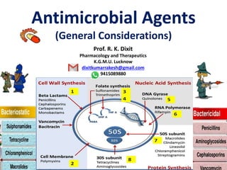 Antimicrobial Agents
(General Considerations)
Prof. R. K. Dixit
Pharmacology and Therapeutics
K.G.M.U. Lucknow
dixitkumarrakesh@gmail.com
9415089880
 