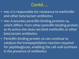 Contd....
• mec A is responsible for resistance to methicillin
and other beta lactam antibiotics
• mec A encodes penicillin binding proteins 2a,
which differs from other penicillin binding protein
as its active site does not bind methicillin or other
beta lactam antibiotics
• Penicillin binding protein 2a can continue to
catalyze the transpeptidation reaction required
for peptidoglycan, enabling the cell wall synthesis
in the presence of antibiotics
 