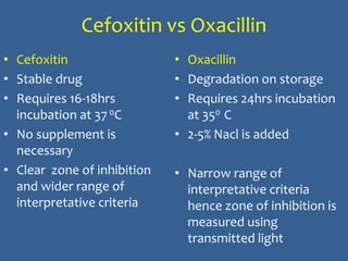 Cefoxitin vs Oxacillin
• Cefoxitin
• Stable drug
• Requires 16-18hrs
incubation at 370C
• No supplement is
necessary
• Clear zone of inhibition
and wider range of
interpretative criteria
• Oxacillin
• Degradation on storage
• Requires 24hrs incubation
at 350 C
• 2-5% Nacl is added
• Narrow range of
interpretative criteria
hence zone of inhibition is
measured using
transmitted light
 