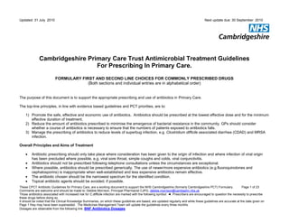 Updated: 31 July 2010                                                                                                                    Next update due: 30 September 2010




              Cambridgeshire Primary Care Trust Antimicrobial Treatment Guidelines
                                For Prescribing In Primary Care.
                          FORMULARY FIRST AND SECOND LINE CHOICES FOR COMMONLY PRESCRIBED DRUGS
                                       (Both sections and individual entries are in alphabetical order)


The purpose of this document is to support the appropriate prescribing and use of antibiotics in Primary Care.

The top-line principles, in line with evidence based guidelines and PCT priorities, are to:

    1) Promote the safe, effective and economic use of antibiotics. Antibiotics should be prescribed at the lowest effective dose and for the minimum
       effective duration of treatment.
    2) Reduce the amount of antibiotics prescribed to minimise the emergence of bacterial resistance in the community. GPs should consider
       whether a course of antibiotics is necessary to ensure that the numbers of patients exposed to antibiotics falls.
    3) Manage the prescribing of antibiotics to reduce levels of superbug infection, e.g. Clostridium difficile associated diarrhea (CDAD) and MRSA
       infection.

Overall Principles and Aims of Treatment

    •    Antibiotic prescribing should only take place where consideration has been given to the origin of infection and where infection of viral origin
         has been precluded where possible, e.g. viral sore throat, simple coughs and colds, viral conjunctivitis.
    •    Antibiotics should not be prescribed following telephone consultations unless the circumstances are exceptional.
    •    Where possible, antibiotics should be prescribed generically. The use of newer/more expensive antibiotics (e.g.fluoroquinolones and
         cephalosporins) is inappropriate when well-established and less expensive antibiotics remain effective.
    •    The antibiotic chosen should be the narrowest spectrum for the identified condition.
    •    Topical antibiotic agents should be avoided, if possible.
These CPCT Antibiotic Guidelines for Primary Care, are a working document to support the NHS Cambridgeshire (formerly Cambridgeshire PCT) Formulary.                 Page 1 of 23
Comments are welcome and should be made to :Debbie Morrison, Principal Pharmacist CJPG, debbie.morrison@cambsphn.nhs.uk
Those antibiotics associated with increased risk for C.difficile infection are marked with the following symbol: ◄. Prescribers are encouraged to question the necessity to prescribe
these drugs before doing so.
It should be noted that the Clinical Knowledge Summaries, on which these guidelines are based, are updated regularly and while these guidelines are accurate at the date given on
Page 1 they may have been superseded. The Medicines Management Team will update the guidelines every three months.
Dosages are obtainable from the following link: BNF Antibiotics Dosages
 
