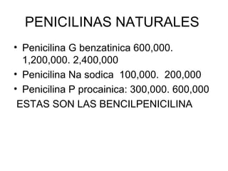 PENICILINAS NATURALES
• Penicilina G benzatinica 600,000.
  1,200,000. 2,400,000
• Penicilina Na sodica 100,000. 200,000
• Penicilina P procainica: 300,000. 600,000
 ESTAS SON LAS BENCILPENICILINA
 