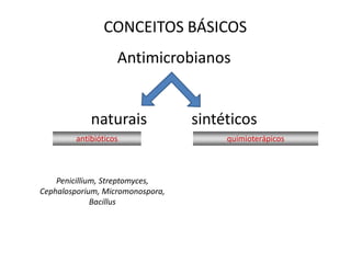 CONCEITOS BÁSICOS
Antimicrobianos
naturais sintéticos
antibióticos quimioterápicos
Penicillium, Streptomyces,
Cephalosporium, Micromonospora,
Bacillus
 