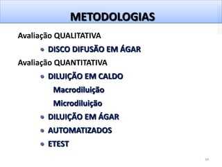 34
METODOLOGIAS
Avaliação QUALITATIVA
DISCO DIFUSÃO EM ÁGAR
Avaliação QUANTITATIVA
DILUIÇÃO EM CALDO
Macrodiluição
Microdiluição
DILUIÇÃO EM ÁGAR
AUTOMATIZADOS
ETEST
 