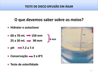 41
TESTE DE DISCO DIFUSÃO EM ÁGAR
O que devemos saber sobre os meios?
4 mm
Hidratar e autoclavar
60 a 70 mL 150 mm
25 a 30 mL 90 mm
pH 7.2 a 7.4
Conservação 2 a 8oC
Teste de esterilidade
 