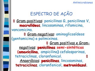 ESPECTRO DE AÇÃO
 Gram-positivas: penicilinas G, penicilinas V,
macrolídeomacrolídeoss, lincosaminas, rifamicina,
vancomicina.
 Gram-negativas: aminoglicosídeos
(gentamicina) e polimixinas.
 Gram positívas e Gram-
negativas: penicilinaspenicilinas semi-sintéticas
(amoxicilinaamoxicilina, ampicilina) cefalosporinas,
tetraciclinas, cloranfenicol. 
Anaeróbios: penicilinaspenicilinas, lincosaminas,
tetraciclinastetraciclinas, cloranfenicol, metronidazolmetronidazol.
Antimicrobianos
 