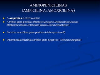 AMINOPENICILINAS
(AMPICILINA/AMOXICILINA)
 AAmpicilina é efetiva contra:
 Aeróbias gram-positivas (Streptococcuspyogenes,Streptococcuspneumoniae,
Streptococcusviridans, Enterococcusfaecalis,Listeria monocytogenes)
 Bactérias anaeróbias gram-positivas (Actinomycesisraelli)
 Determinadas bactérias aeróbias gram-negativas ( Neisseria meningitidis)
 