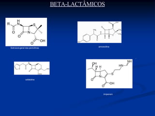 BETA-LACTÂMICOS
Estrutura geral das penicilinas
amoxicilina
cefalotina
imipenem
 