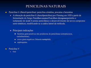 PENICILINAS NATURAIS
 Penicilina G (Benzil-penicilina): penicilina cristalina, procaína e benzatina
 Aobtenção da penicilina G (benzilpenicilina) por Fleming em 1928 a partir da
fermentação do fungo Penicilliumnotatum/Penicilliumchrysogenumpermitiu o
isolamento do ácido 6-amino penicilânico e desenvolvimento de novos compostos
semi-sintéticos, modificando-se a cadeia lateral da molécula.
 Principais indicações
 bactérias gram-positivas não produtoras de penicilinase (estreptococos,
corinebactérias),
 cocos gram-negativos (Neisseriameningitidis),
 espiroquetas.
 Penicilina V
 Oral
 