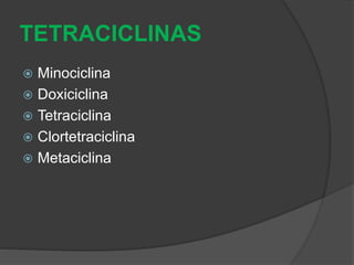 TETRACICLINAS 
 Minociclina 
 Doxiciclina 
 Tetraciclina 
 Clortetraciclina 
 Metaciclina 
 