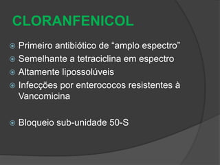 CLORANFENICOL 
 Primeiro antibiótico de “amplo espectro” 
 Semelhante a tetraciclina em espectro 
 Altamente lipossolúveis 
 Infecções por enterococos resistentes à 
Vancomicina 
 Bloqueio sub-unidade 50-S 
 
