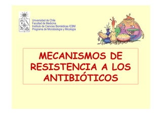 MECANISMOS DE
RESISTENCIA A LOS
ANTIBIÓTICOS
Universidad de Chile
Facultad de Medicina
Instituto de Ciencias Biomédicas ICBM
Programa de Microbiología y Micología
 