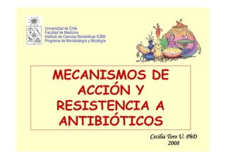 Universidad de Chile
Facultad de Medicina
Instituto de Ciencias Biomédicas ICBM
Programa de Microbiología y Micología
Cecilia Toro U. PhD
2008
MECANISMOS DE
ACCIÓN Y
RESISTENCIA A
ANTIBIÓTICOS
 
