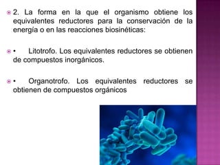 2. La forma en la que el organismo obtiene los
equivalentes reductores para la conservación de la
energía o en las reacciones biosinéticas:
 • Litotrofo. Los equivalentes reductores se obtienen
de compuestos inorgánicos.
 • Organotrofo. Los equivalentes reductores se
obtienen de compuestos orgánicos
 