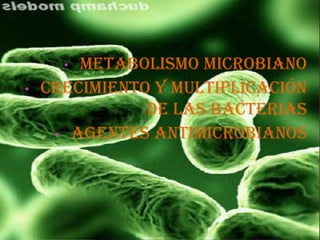 • Metabolismo microbiano
• Crecimiento y multiplicación
de las bacterias
• Agentes antimicrobianos
 