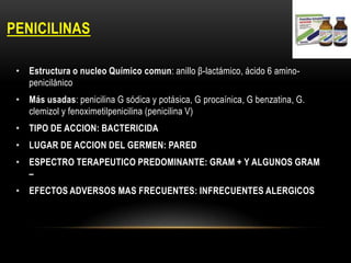 PENICILINAS

 • Estructura o nucleo Químico comun: anillo β-lactámico, ácido 6 amino-
   penicilánico
 • Más usadas: penicilina G sódica y potásica, G procaínica, G benzatina, G.
   clemizol y fenoximetilpenicilina (penicilina V)
 • TIPO DE ACCION: BACTERICIDA
 • LUGAR DE ACCION DEL GERMEN: PARED
 • ESPECTRO TERAPEUTICO PREDOMINANTE: GRAM + Y ALGUNOS GRAM
   –
 • EFECTOS ADVERSOS MAS FRECUENTES: INFRECUENTES ALERGICOS
 