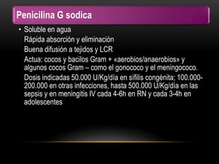 Penicilina G sodica
• Soluble en agua
  Rápida absorción y eliminación
  Buena difusión a tejidos y LCR
  Actua: cocos y bacilos Gram + «aerobios/anaerobios» y
  algunos cocos Gram – como el gonococo y el meningococo.
  Dosis indicadas 50.000 U/Kg/día en sífilis congénita; 100.000-
  200.000 en otras infecciones, hasta 500.000 U/Kg/día en las
  sepsis y en meningitis IV cada 4-6h en RN y cada 3-4h en
  adolescentes
 