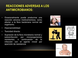 REACCIONES ADVERSAS A LOS
     ANTIMICROBIANOS:

•   Ocasionalmente puede producirse una
    reacción adversa medicamentosa, como
    afectar a la flora bacteriana normal del
    organismo.
•   Hipersensibilidad:
•   Toxicidad directa:
•   Supresión de la flora microbiana normal y
    sobreinfección    por    microorganismos
    resistentes, o continuación de la
    infección con el agente inicial por
    aparición de resistencia
 