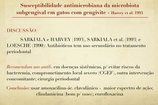 Susceptibilidade antimicrobiana da microbiota
    subgengival em gatos com gengivite - Harvey et al. 1995


DISCUSSÃO:
      SARKIALA e HARVEY (1993), SARKIALA et al. (1993) e
LOESCHE (1990): Antibióticos tem uso secundário no tratamento
periodontal


Recomendam uso antib. em doenças sistêmicas, p/ evitar riscos da
bacteremia, comprometimento local severo (CGEF), outra intervenção
concomitante; cirurgia periodontal
Conclusão: usar amoxacilina-ác. clavulânico - maior espectro de ação;
             clindamicina (bom p/ osso); enroﬂoxacina
 