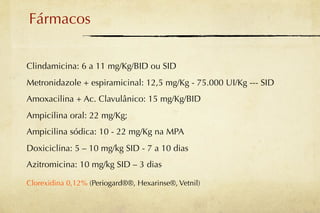 Fármacos


Clindamicina: 6 a 11 mg/Kg/BID ou SID
Metronidazole + espiramicinal: 12,5 mg/Kg - 75.000 UI/Kg --- SID
Amoxacilina + Ac. Clavulânico: 15 mg/Kg/BID
Ampicilina oral: 22 mg/Kg;
Ampicilina sódica: 10 - 22 mg/Kg na MPA
Doxiciclina: 5 – 10 mg/kg SID - 7 a 10 dias
Azitromicina: 10 mg/kg SID – 3 dias

Clorexidina 0,12% (Periogard®®, Hexarinse®, Vetnil)
 
