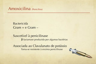 Amoxicilina (Penicilina)


   Bactericida
   Gram + e Gram –

   Suscetível à penicilinase
         β-lactamase produzida por algumas bactérias

   Associada ao Clavulanato de potássio
        Torna-se resistente à enzima penicilinase
 