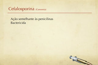 Cefalosporina (Convenia)

 Ação semelhante às penicilinas
 Bactericida
 