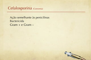 Cefalosporina (Convenia)

 Ação semelhante às penicilinas
 Bactericida
 Gram + e Gram –
 