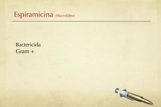 Espiramicina (Macrolídeo)



Bactericida
Gram +
 