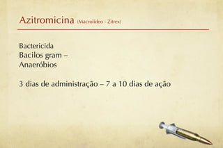 Azitromicina (Macrolídeo - Zitrex)

Bactericida
Bacilos gram –
Anaeróbios

3 dias de administração – 7 a 10 dias de ação
 