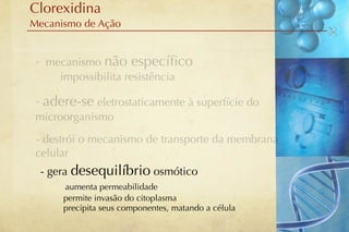 Clorexidina
Mecanismo de Ação


 - mecanismo não especíﬁco
     impossibilita resistência

 - adere-se eletrostaticamente à superfície do
 microorganismo
 - destrói o mecanismo de transporte da membrana
 celular
 - gera desequilíbrio osmótico
      aumenta permeabilidade
      permite invasão do citoplasma
      precipita seus componentes, matando a célula
 