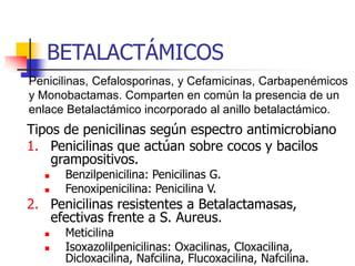 BETALACTÁMICOS
Tipos de penicilinas según espectro antimicrobiano
1. Penicilinas que actúan sobre cocos y bacilos
grampositivos.
 Benzilpenicilina: Penicilinas G.
 Fenoxipenicilina: Penicilina V.
2. Penicilinas resistentes a Betalactamasas,
efectivas frente a S. Aureus.
 Meticilina
 Isoxazolilpenicilinas: Oxacilinas, Cloxacilina,
Dicloxacilina, Nafcilina, Flucoxacilina, Nafcilina.
Penicilinas, Cefalosporinas, y Cefamicinas, Carbapenémicos
y Monobactamas. Comparten en común la presencia de un
enlace Betalactámico incorporado al anillo betalactámico.
 