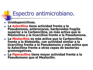 Espectro antimicrobiano.
 Ureidopenicilinas.
 La Azlocillina tiene actividad frente a la
Pseudomona, enterococos, bacteroides fragilis
superior a la Carbencilina, es más activa que la
Mezlocilina y la ticarcilina frente a la Pseudomona.
 La Mezlocilina es más activa que la Carbencilina
frente a la Klebsiella, con actividad similar a la
ticarcilina frente a la Pseudomona y más activa que
la Azlocillina frente a otras cepas de bacterias
gramnegativas.
 La Piperacilina tiene mayor actividad frente a la
Pseudomona que el Mezlocilin.
 