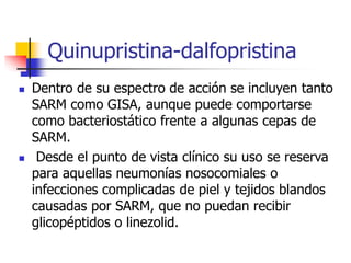 Quinupristina-dalfopristina
 Dentro de su espectro de acción se incluyen tanto
SARM como GISA, aunque puede comportarse
como bacteriostático frente a algunas cepas de
SARM.
 Desde el punto de vista clínico su uso se reserva
para aquellas neumonías nosocomiales o
infecciones complicadas de piel y tejidos blandos
causadas por SARM, que no puedan recibir
glicopéptidos o linezolid.
 