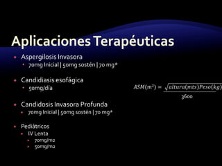 ItraconazolCapsulas	SoluciónMetabolizado: HígadoUnión Pt: 99%SMV: 30-40hEliminación: 80-90% orina 