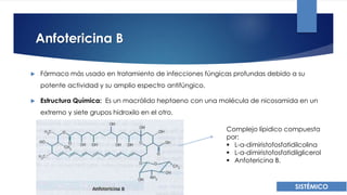 Anfotericina B
 Fármaco más usado en tratamiento de infecciones fúngicas profundas debido a su
potente actividad y su amplio espectro antifúngico.
 Estructura Química: Es un macrólido heptaeno con una molécula de nicosamida en un
extremo y siete grupos hidroxilo en el otro.
Complejo lípidico compuesta
por:
 L-a-dimiristofosfatidilcolina
 L-a-dimiristofosfatidilglicerol
 Anfotericina B.
SISTÉMICO
 