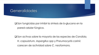 Generalidades
 Son fungicidas por inhibir la síntesis de b-glucano en la
pared celular fúngica.
 Son activas sobre la mayoría de las especies de Candida,
H. capsulatum, Aspergillus spp y Pneumocystis carinii;
carecen de actividad sobre C. neoformans.
 