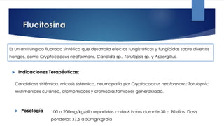 Flucitosina
Es un antifúngico fluorado sintético que desarrolla efectos fungistáticos y fungicidas sobre diversos
hongos, como Cryptococcus neoformans, Candida sp., Torulopsis sp. y Aspergillus.
 Indicaciones Terapéuticas:
 Posología
Candidiasis sistémica, micosis sistémica, neumopatía por Cryptococcus neoformans; Torulopsis;
leishmaniasis cutánea, cromomicosis y cromoblastomicosis generalizada.
100 a 200mg/kg/día repartidos cada 6 horas durante 30 a 90 días. Dosis
ponderal: 37,5 a 50mg/kg/día
 