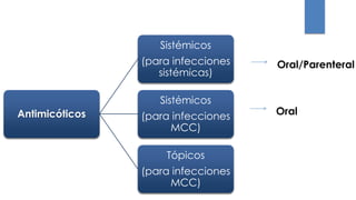 Antimicóticos
Sistémicos
(para infecciones
sistémicas)
Sistémicos
(para infecciones
MCC)
Tópicos
(para infecciones
MCC)
Oral/Parenteral
Oral
 
