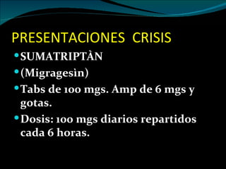 PRESENTACIONES CRISIS
 SUMATRIPTÀN
 (Migragesìn)
 Tabs de 100 mgs. Amp de 6 mgs y
  gotas.
 Dosis: 100 mgs diarios repartidos
  cada 6 horas.
 