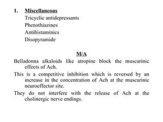 Miscellaneous Tricyclic antidepressants Phenothiazines Antihistaminics Disopyramide M/A Belladonna alkaloids like atropine block the muscarinic effects of Ach.  This is a competitive inhibition which is reversed by an increase in the concentration of Ach at the muscarinic neuroeffector site. They do not interfere with the release of Ach at the cholinergic nerve endings. 