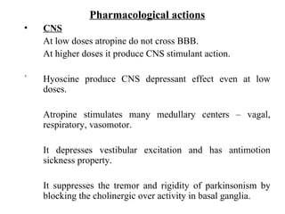 Pharmacological actions CNS   At low doses atropine do not cross BBB. At higher doses it produce CNS stimulant action. ` Hyoscine produce CNS depressant effect even at low doses. Atropine stimulates many medullary centers – vagal, respiratory, vasomotor. It depresses vestibular excitation and has antimotion sickness property. It suppresses the tremor and rigidity of parkinsonism by blocking the cholinergic over activity in basal ganglia. 