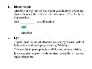 Blood vessels  Atropine at high doses has direct vasodilatory effect and also enhances the release of histamine. This leads to hypotension. Ach  vasodilatation  Eye Topical instillation of atropine causes mydriasis, lack of light reflex and cycloplegia lasting 7-10days.  This results in photophobia and blurring of near vision. Intra occular tension tends to rise, specially in narrow angle glaucoma. ־ Atropine  